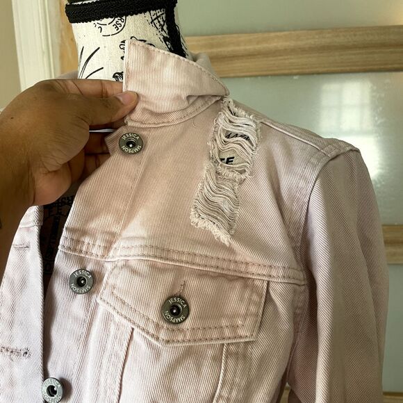 Cropped Denim Jacket Womens M Jessica Simpson Fitted Button Down Distressed - Picture 11 of 14